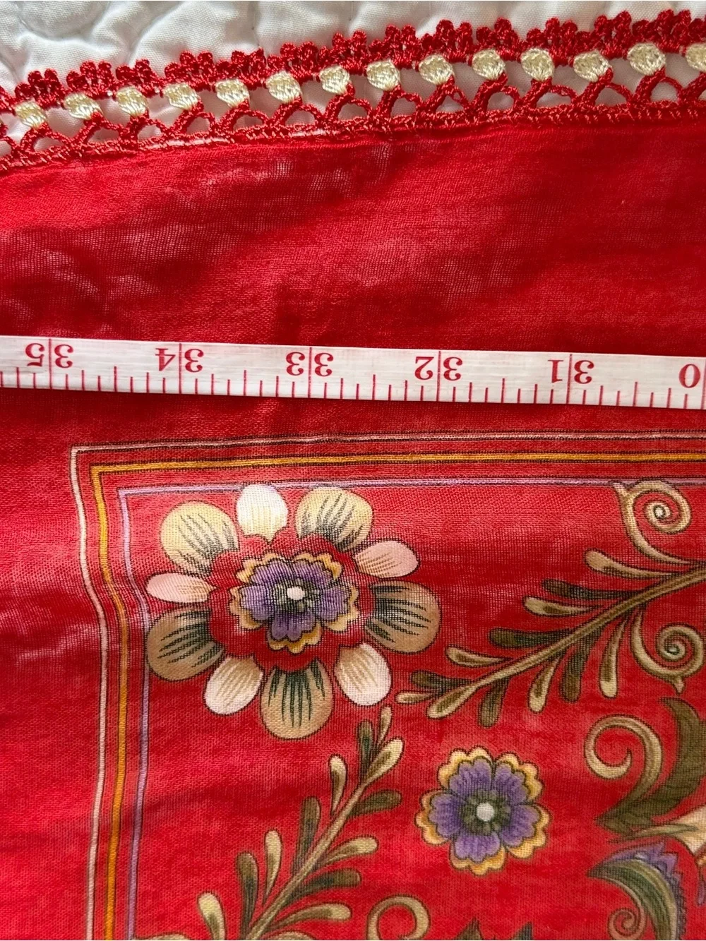 Altan Ipek Red Floral Square Scarf 39” Crochet Lace Trim Turkish Boho
